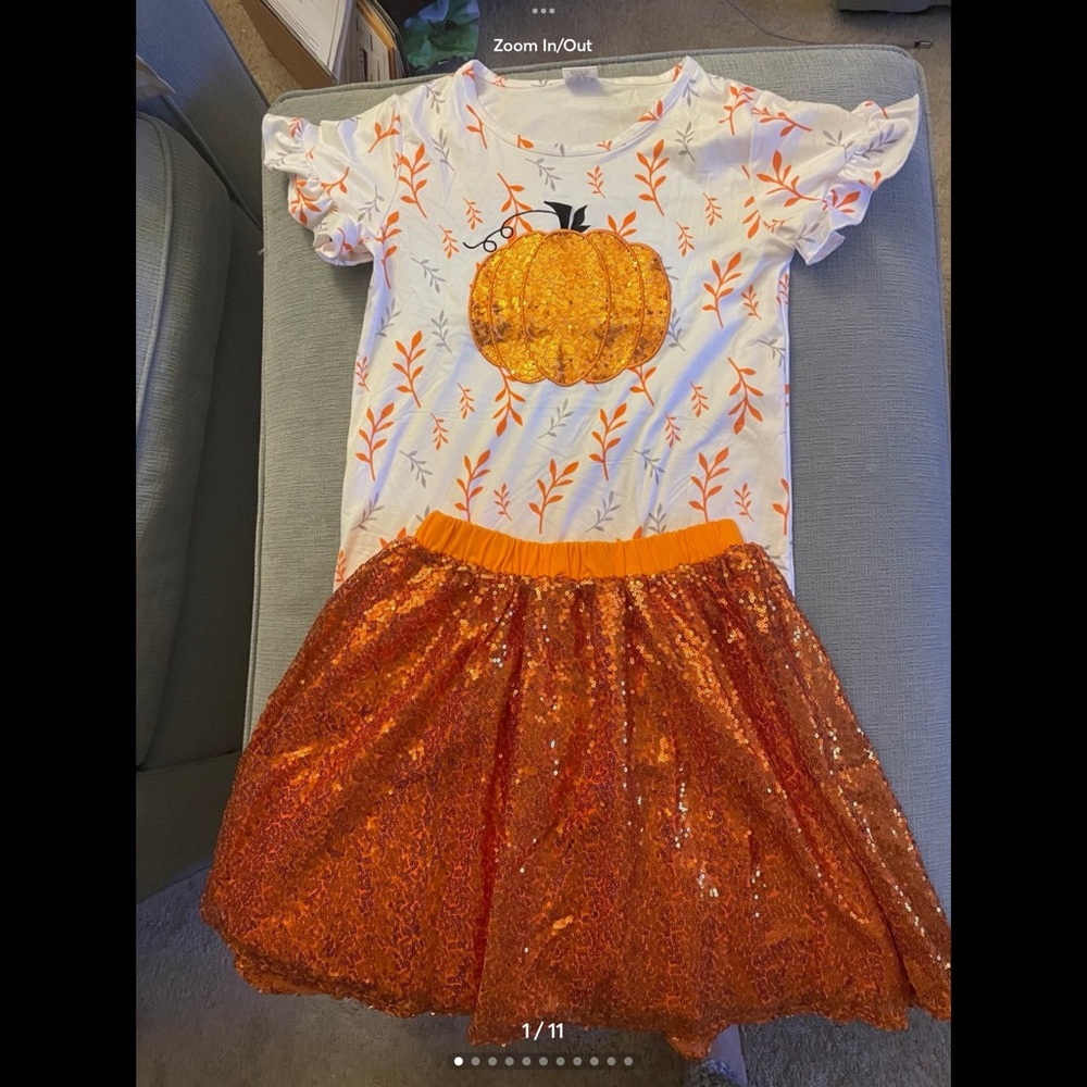 Halloween Kids Girls Pumpkin Outfit Sequins READ for size